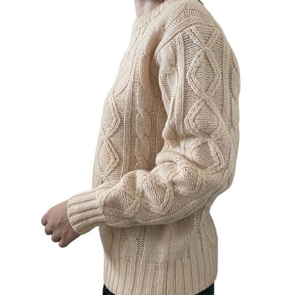 Vintage 1960s Womens Thane Cream Wool Fisherman Cable Knit Chunky Sweater Sz L - Picture 3 of 9